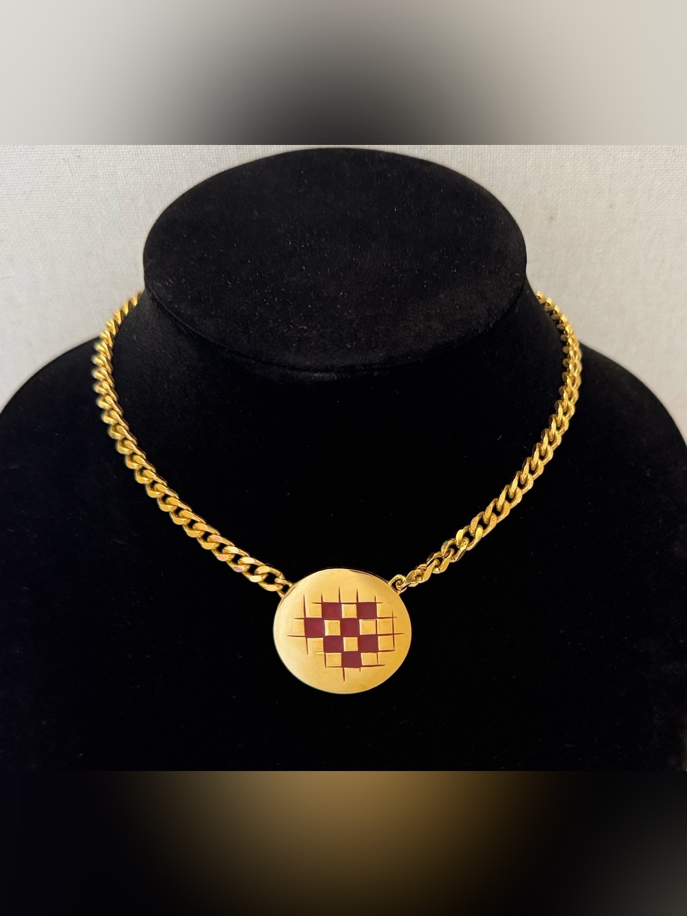 Vintage Givenchy Gold-Tone Chain Necklace with Red Disc Pendant